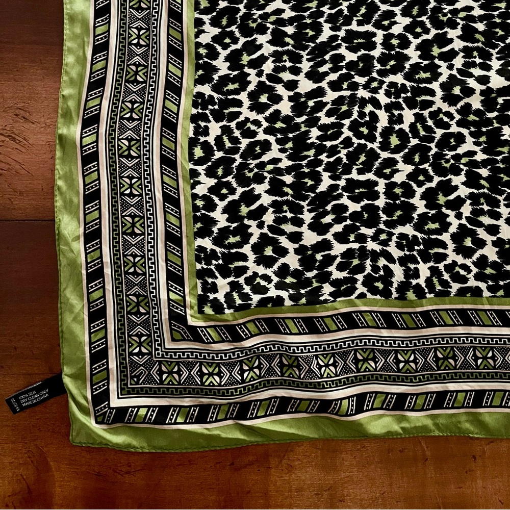Nicole Miller Cheetah Print Silk Scarf, Lime Green, Black, White, 33.5”x33.5” - Picture 2 of 6